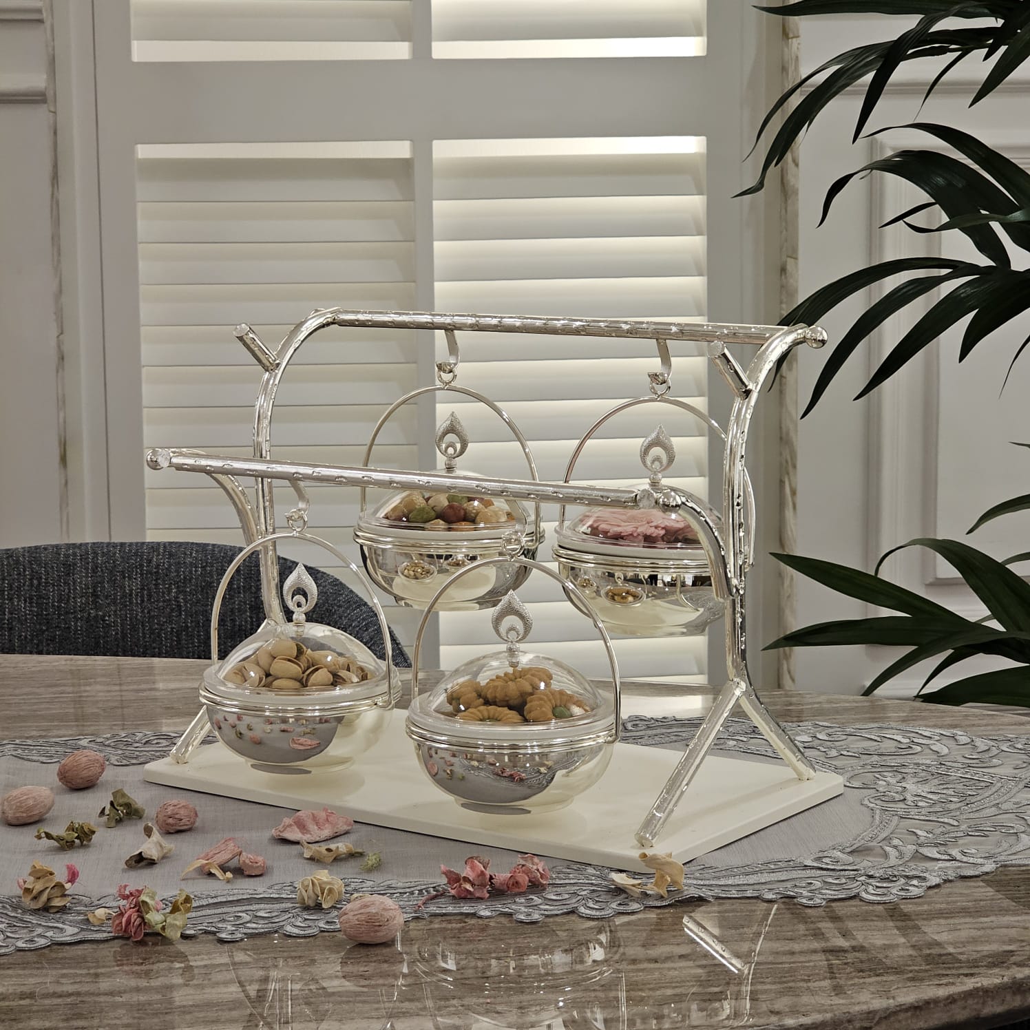 صحون مكسرات SL-14-4S, صحون تقديم مكسرات و حلى, صحون التقديم الثنائية، الثلاثية والرباعية،ستاندات الأنيقة للطاولة, مثالية لتقديم المكسرات والحلوى و الشوكلا